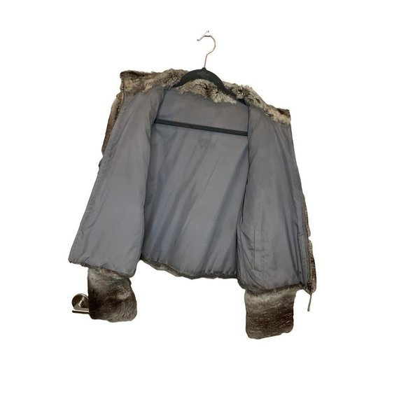 June Grey Reversible Rabbit Fur Jacket Leather Trim/polyester Side Jacket Size L - Picture 5 of 16